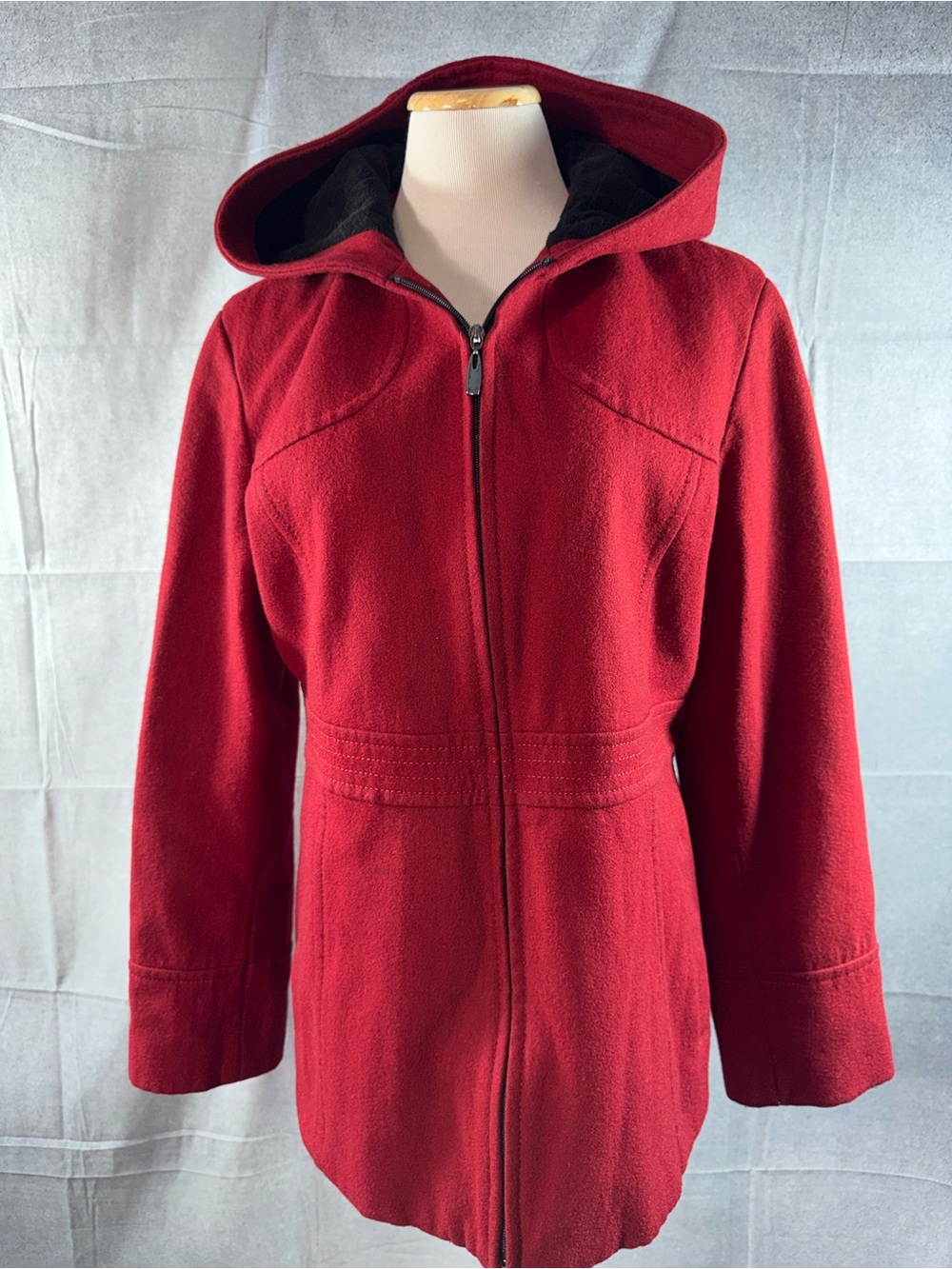 Women's Hooded Zip-Front Pea Coat - Red